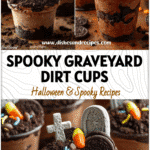 Chocolate pudding dirt cups decorated as Halloween graveyards with cookie tombstones and gummy worms.